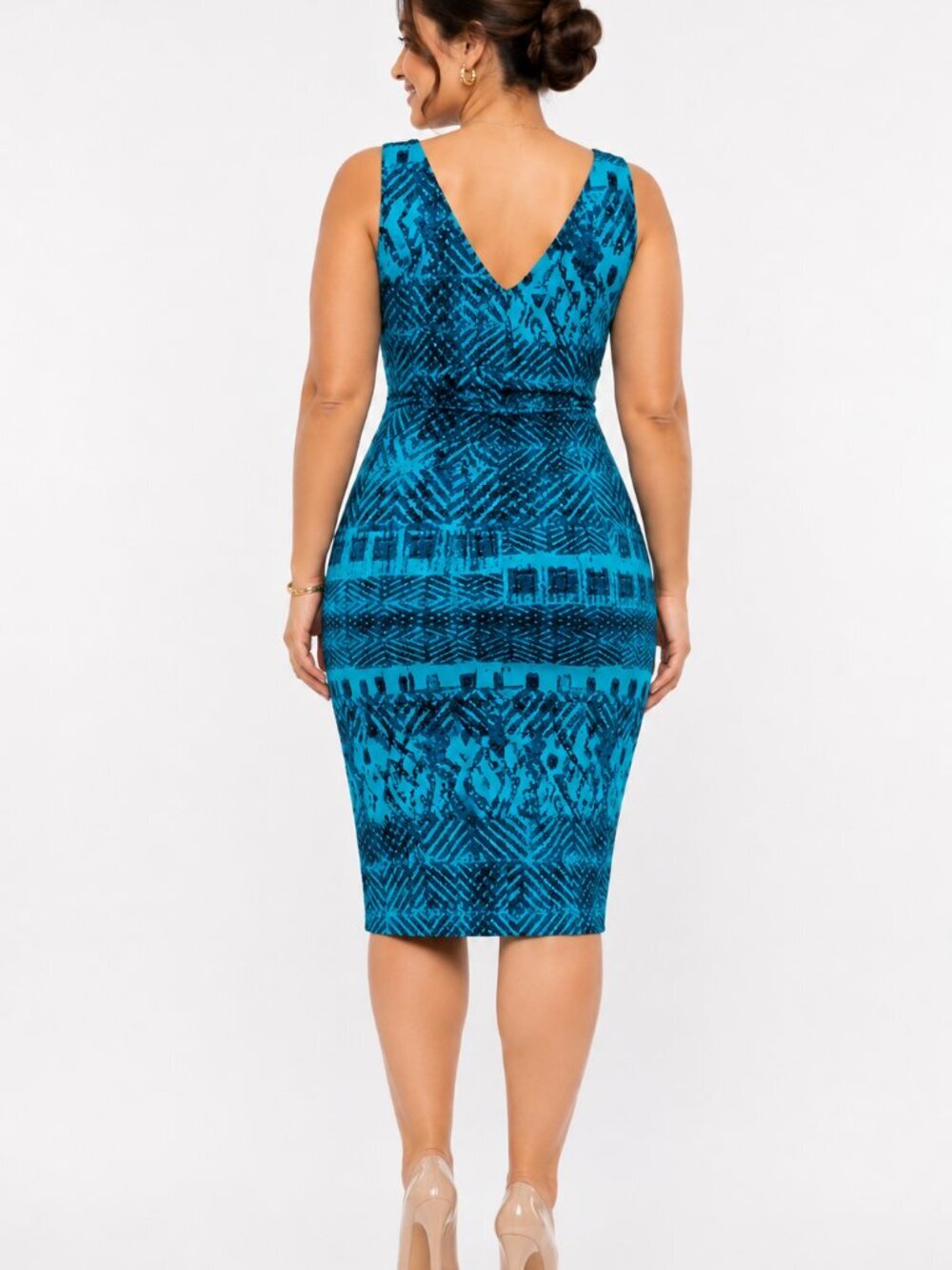 Lauren Ralph Lauren Blue Geometric Ruched V-Neck Sheath Dress Size 6 - Picture 5 of 7